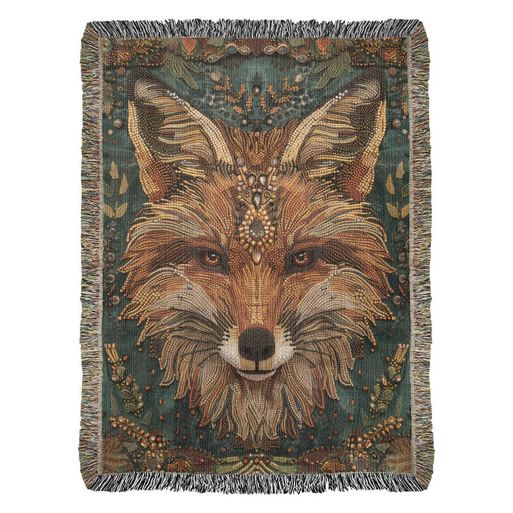 Boho Beaded Fox Blanket – Intricate Woven Art with Forest Green Background | Rustic Animal Decor Throw