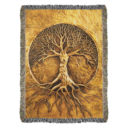 Embossed Tree of Life Blanket – Golden Woven Throw | Symbolic Boho Decor by Lace & Grit