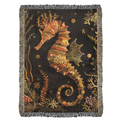 Beaded Look Seahorse Blanket – Woven Ocean-Inspired Throw | Golden Coral Art by Lace & Grit