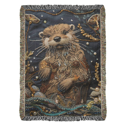 Boho River Otter Blanket – Beaded Look Textile Art in Deep Earth Tones | Boho Nature Lover Gift