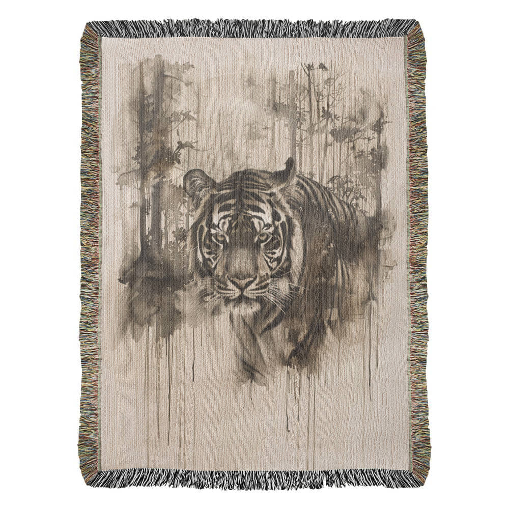 Silent Prowl Woven Blanket – Watercolor Tiger in Mist