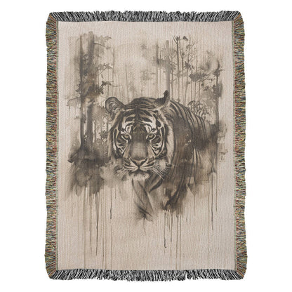 Silent Prowl Woven Blanket – Watercolor Tiger in Mist