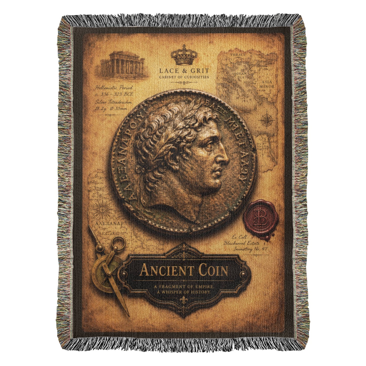 Ancient Coin Woven Throw Blanket | Cabinet of Curiosities Decor | Cotton Tapestry | Archaeology History Gift