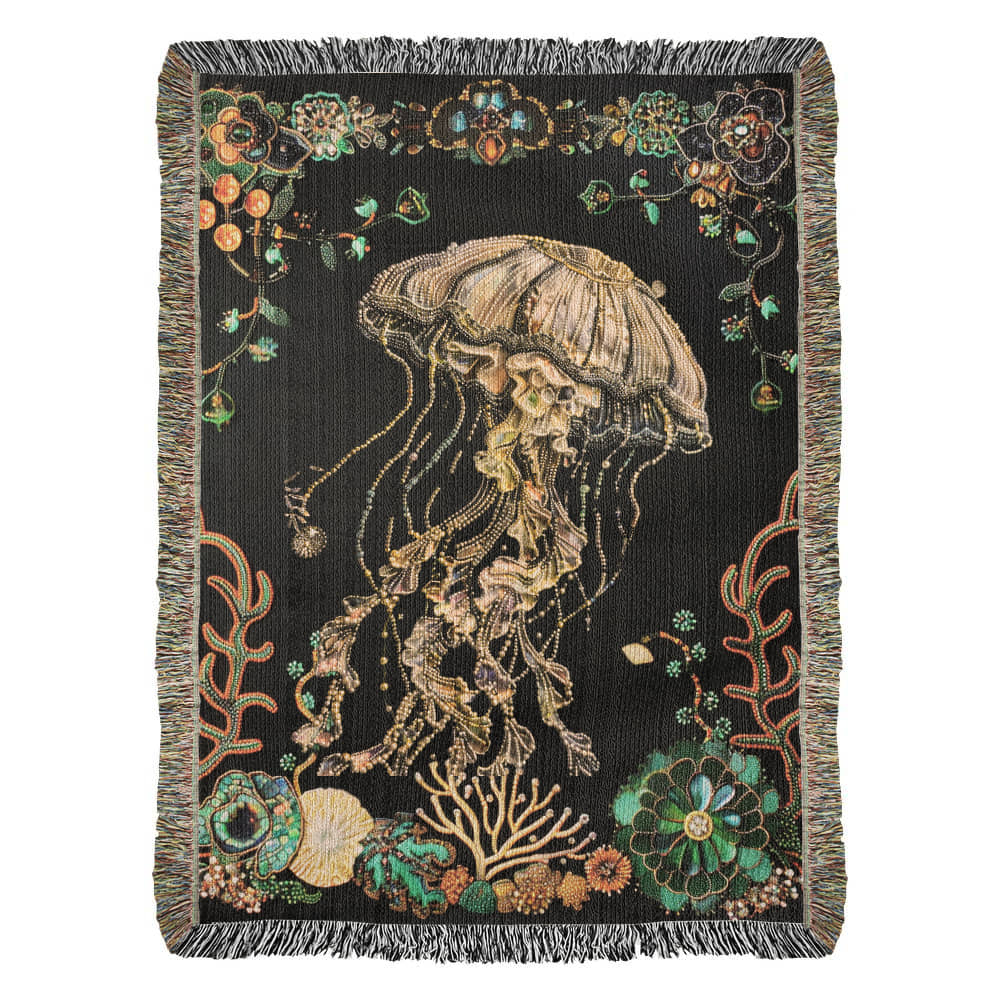 Beaded Look Jellyfish Blanket – Ocean-Inspired Woven Throw | Undersea Boho Decor by Lace & Grit