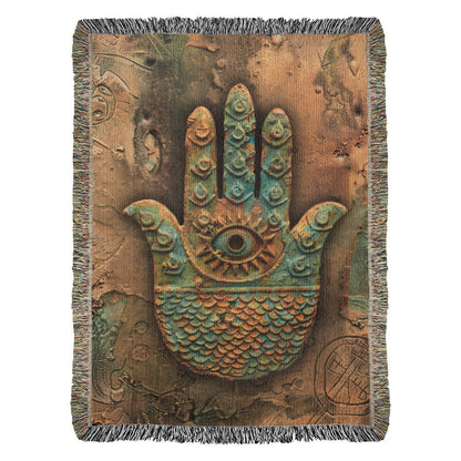 Embossed Hamsa Blanket – Boho Spiritual Woven Throw | Protective Symbol Decor by Lace & Grit