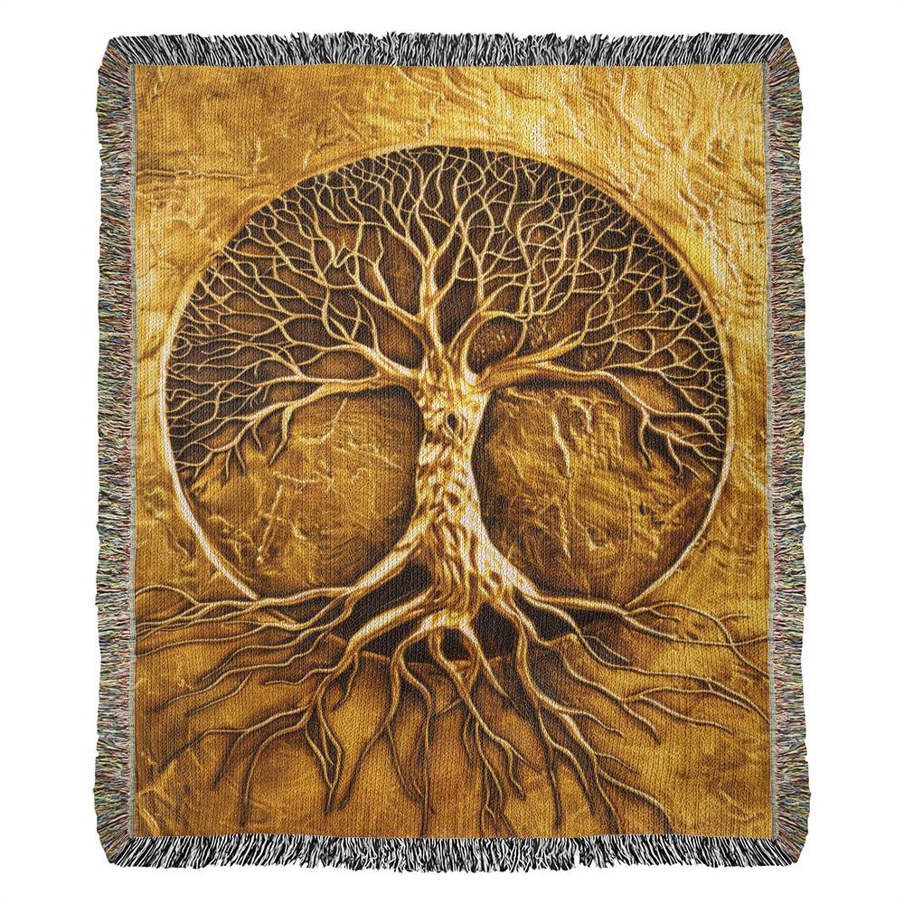 Embossed Tree of Life Blanket – Golden Woven Throw | Symbolic Boho Decor by Lace & Grit
