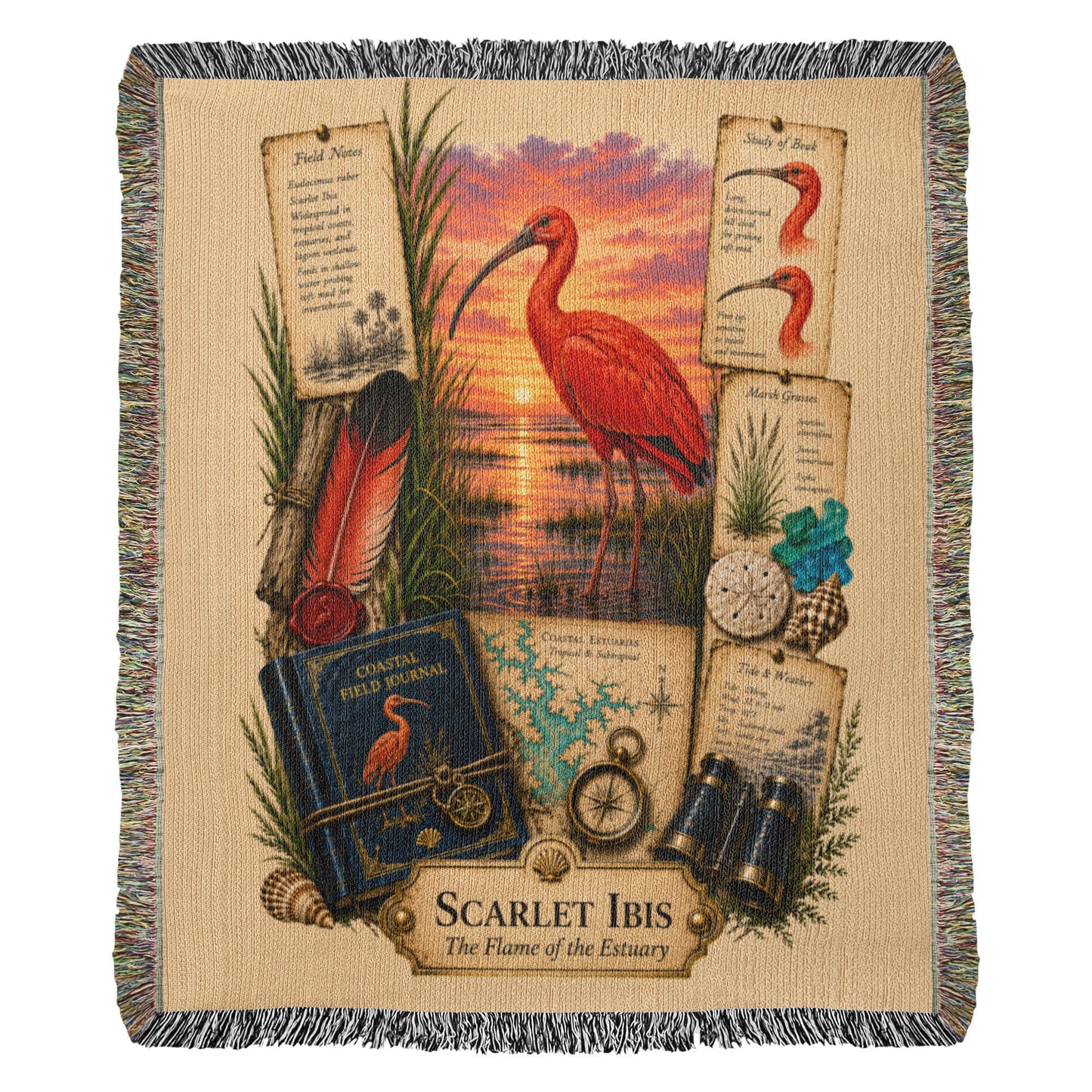 Scarlet Ibis Woven Throw Blanket | Coastal Bird Decor | Cotton Tapestry Throw | Naturalist Journal Gift