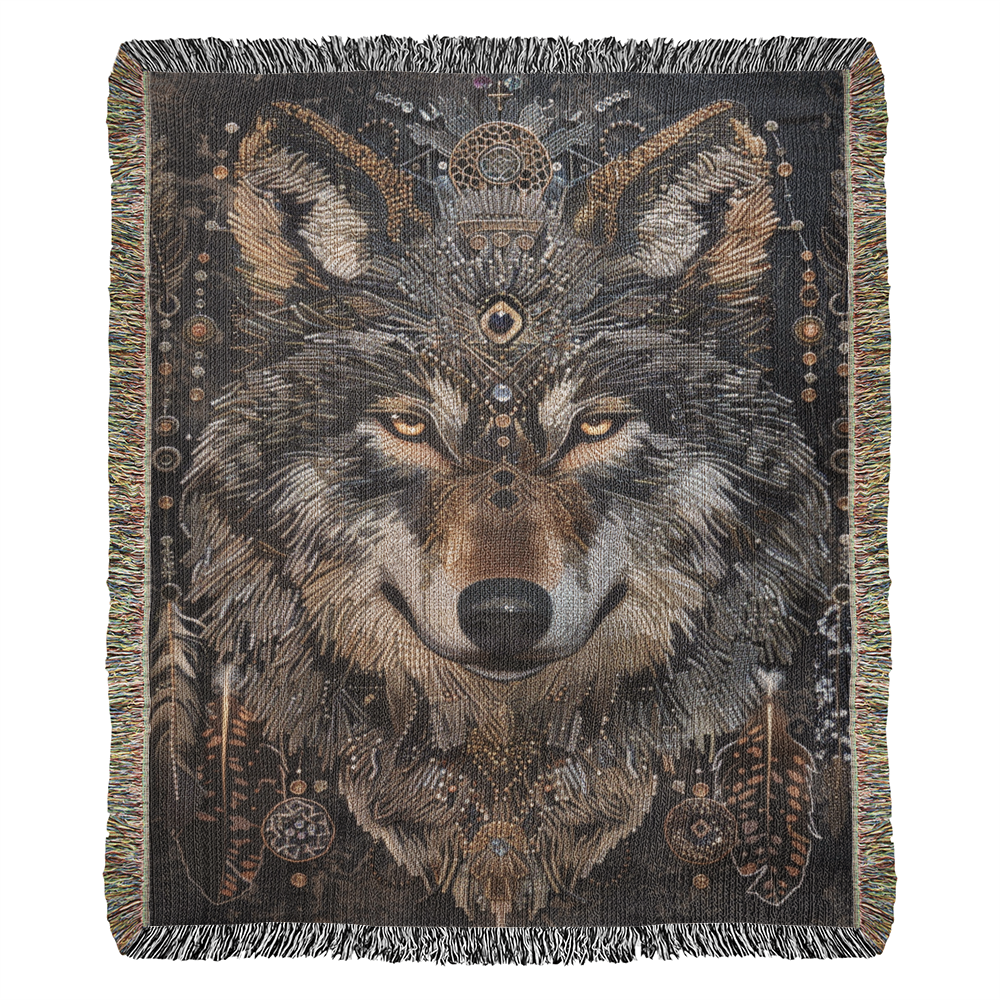 Boho Tribal Wolf Woven Blanket – Tribal Head Design in Earthy Tones | Mystical Boho Lodge Decor