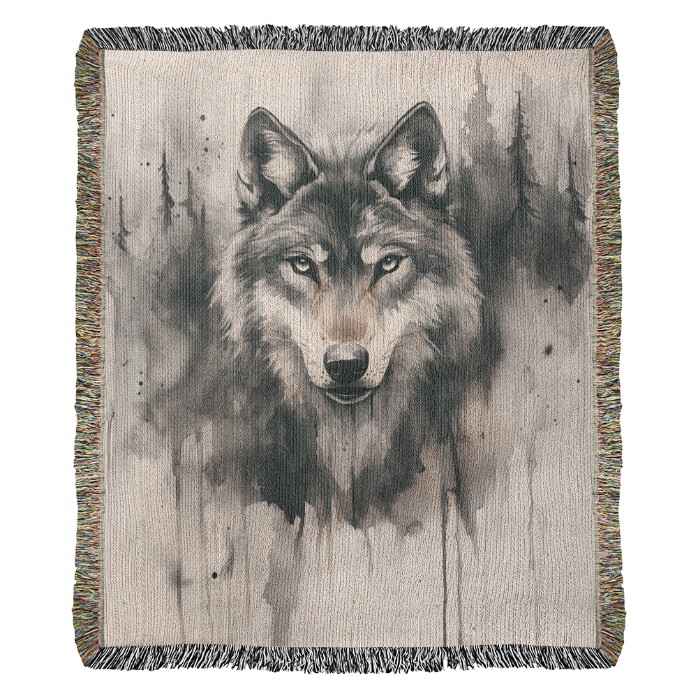 Lone Wolf Woven Blanket – Watercolor Wildlife Throw | Rustic Boho Cabin Decor
