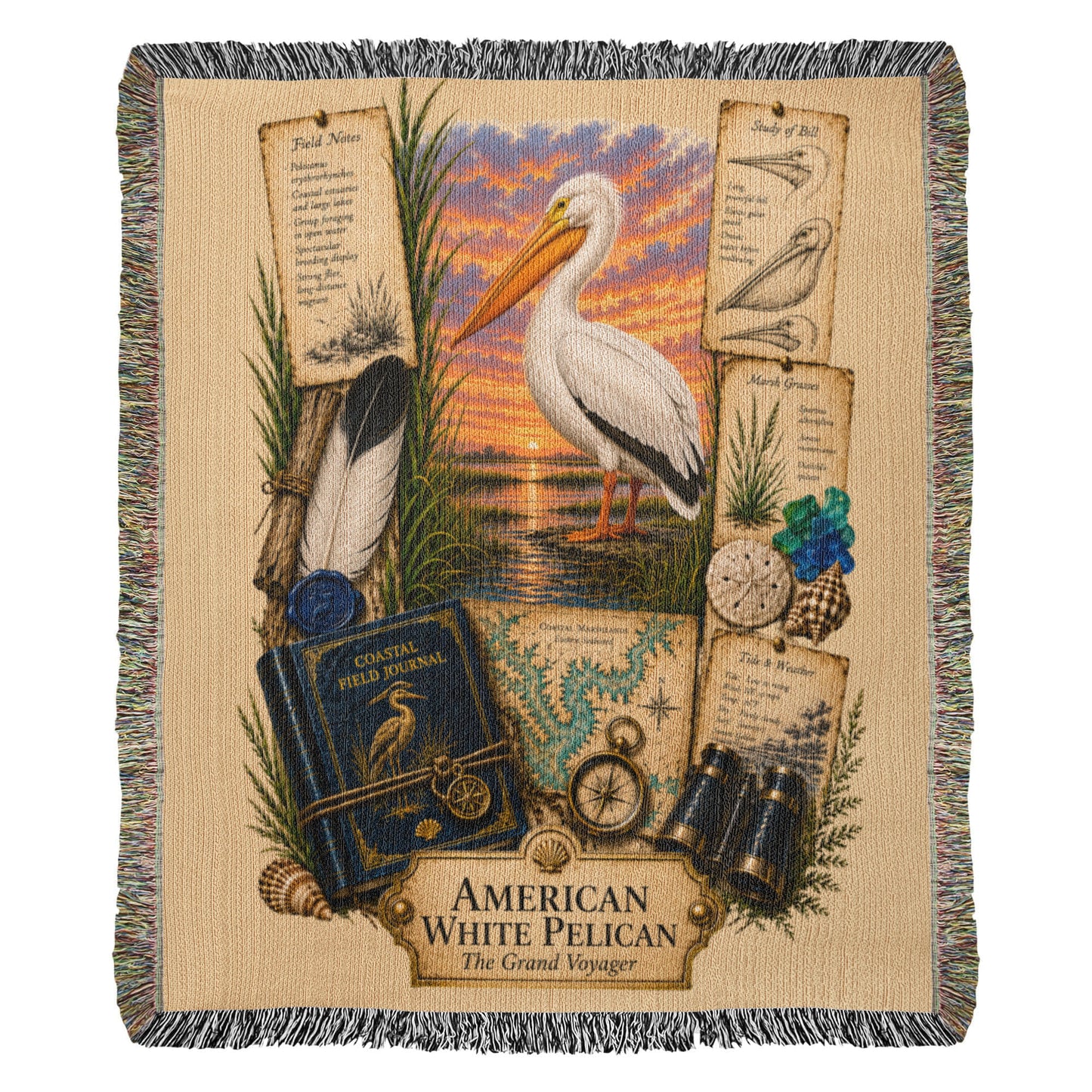 American White Pelican Woven Throw Blanket | Coastal Bird Decor | Cotton Tapestry Throw | Naturalist Journal Gift