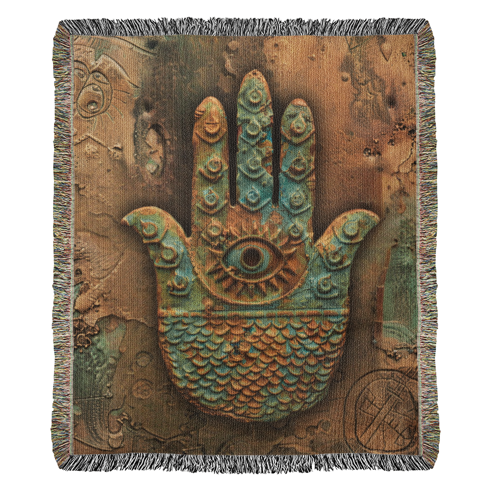 Embossed Hamsa Blanket – Boho Spiritual Woven Throw | Protective Symbol Decor by Lace & Grit