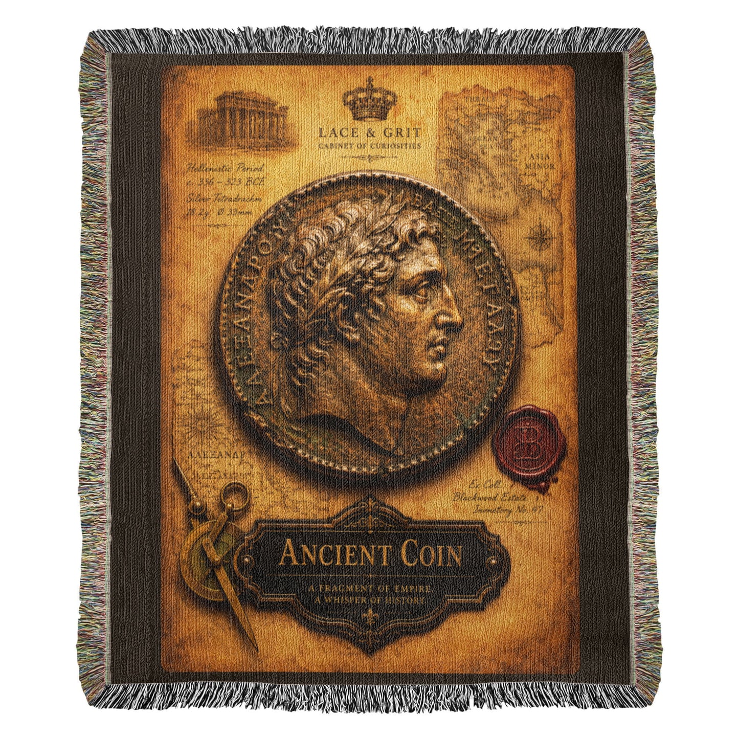 Ancient Coin Woven Throw Blanket | Cabinet of Curiosities Decor | Cotton Tapestry | Archaeology History Gift