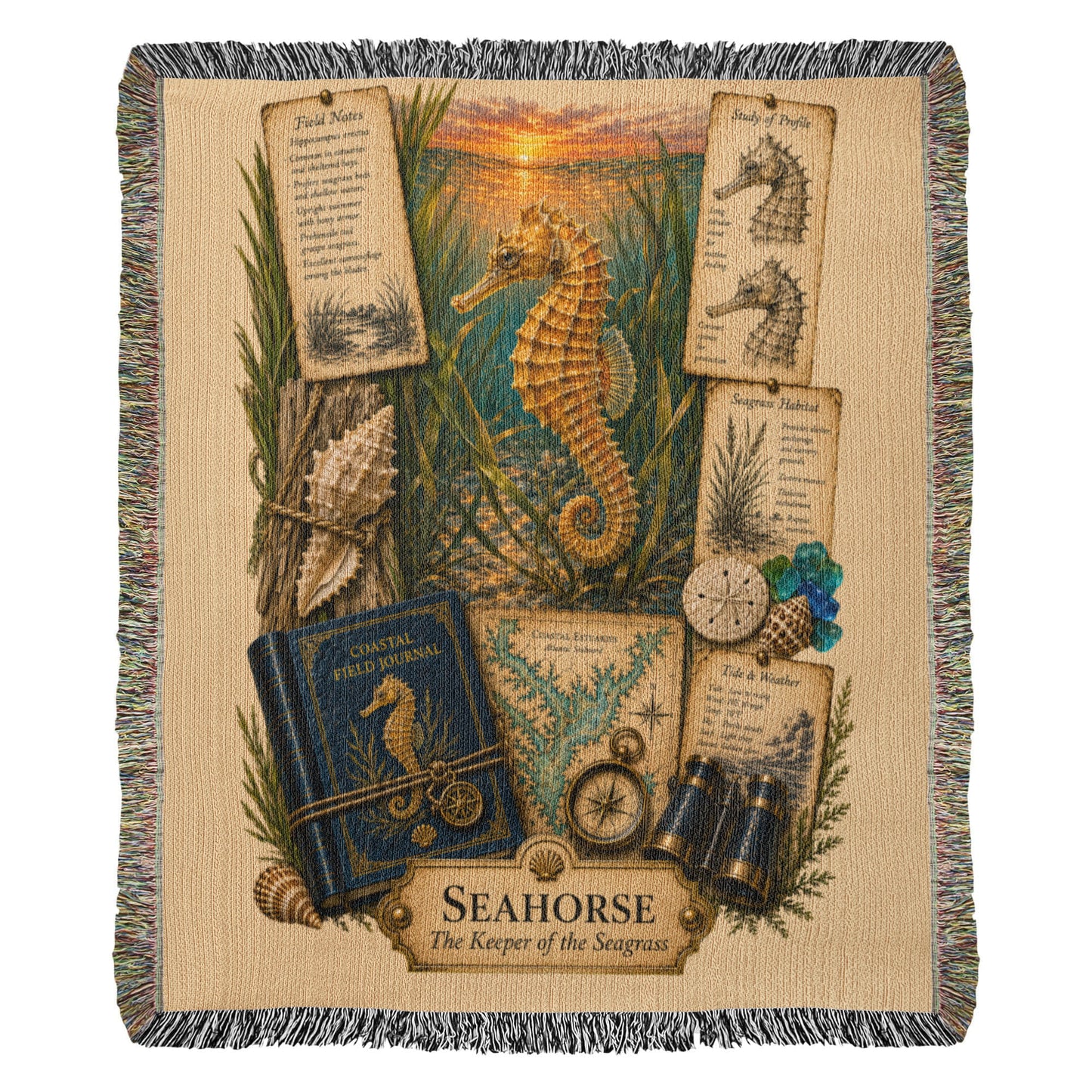 Seahorse Woven Throw Blanket | Coastal Wildlife Decor | Cotton Tapestry Throw | Naturalist Journal Gift