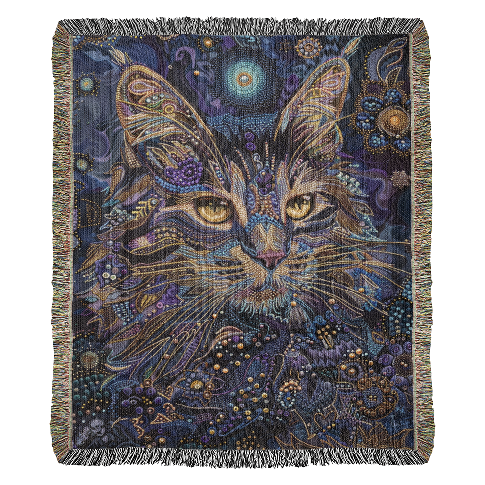 Celestial Cat Blanket – Mystical Beaded Design in Deep Indigo & Gold | Boho Spirit Animal Throw