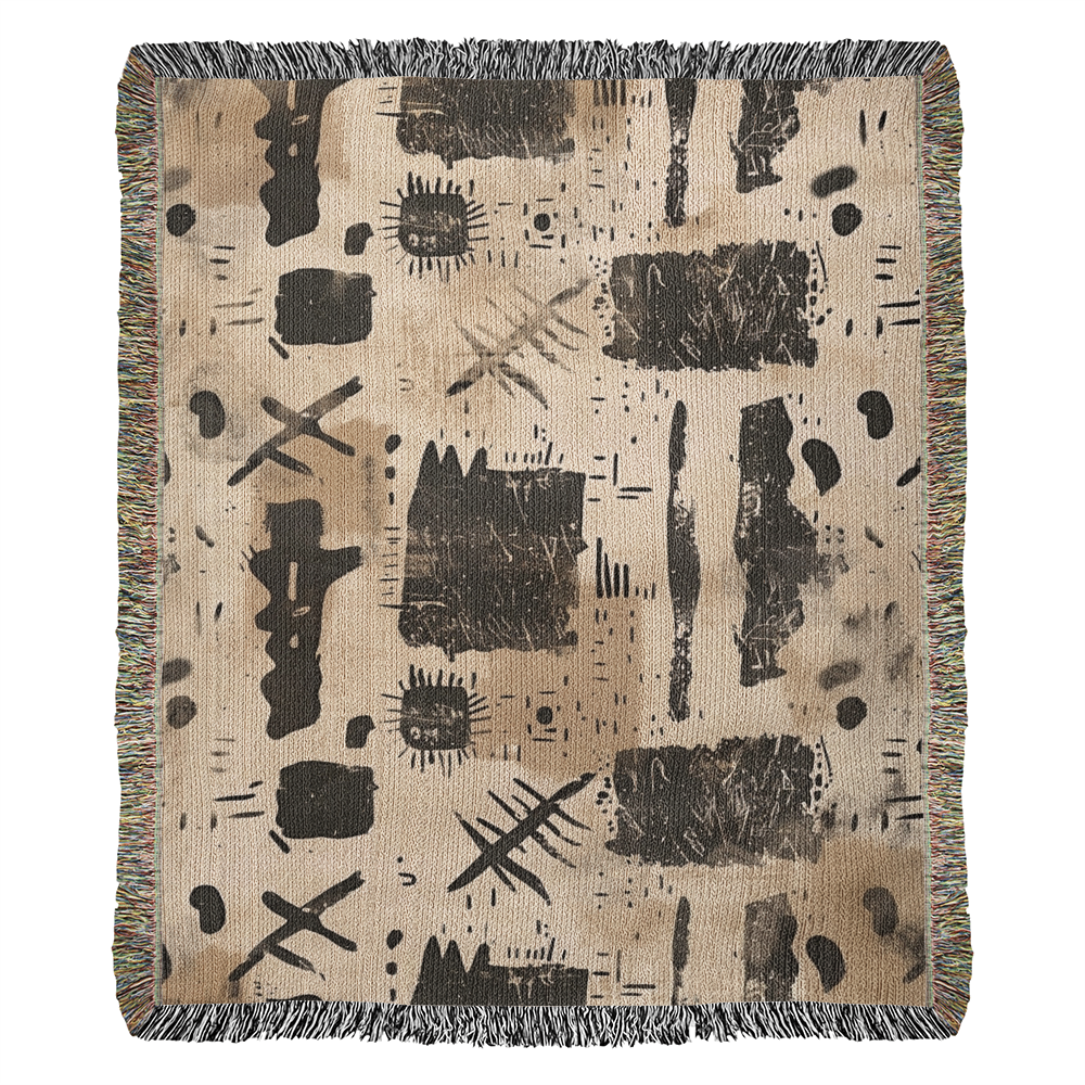 Nomad Script Woven Blanket – Primitive Abstract Boho Throw