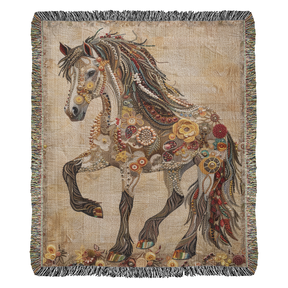 Beaded Spirit Horse Woven Blanket – Boho Western Home Decor