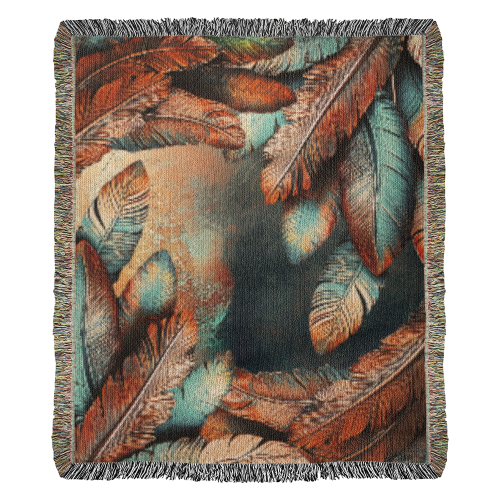 Embossed Feather Blanket – Boho-Inspired Woven Throw | Copper & Teal Artistic Decor by Lace & Grit