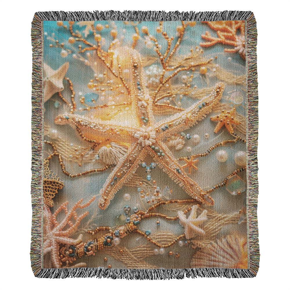 Beaded Look Starfish Blanket – Woven Coastal Fantasy Throw | Ocean-Inspired Decor by Lace & Grit