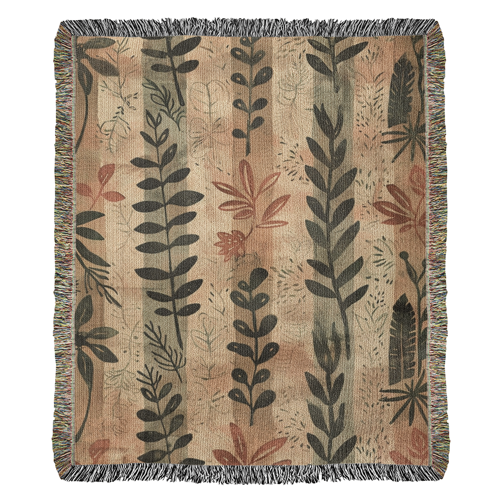 Whispering Leaves Woven Blanket – Boho Botanical Nature Throw