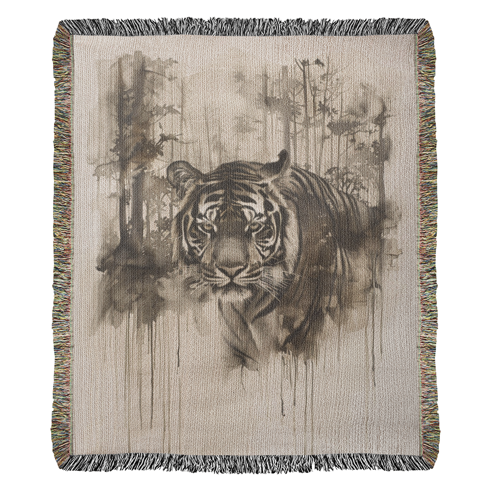 Silent Prowl Woven Blanket – Watercolor Tiger in Mist
