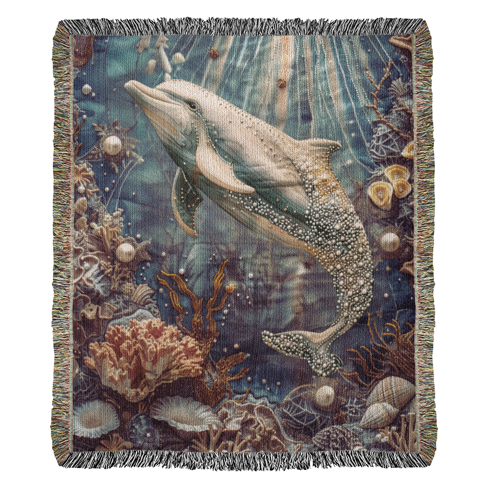 Beaded Look Dolphin Blanket – Ocean-Inspired Woven Throw | Underwater Boho Decor by Lace & Grit