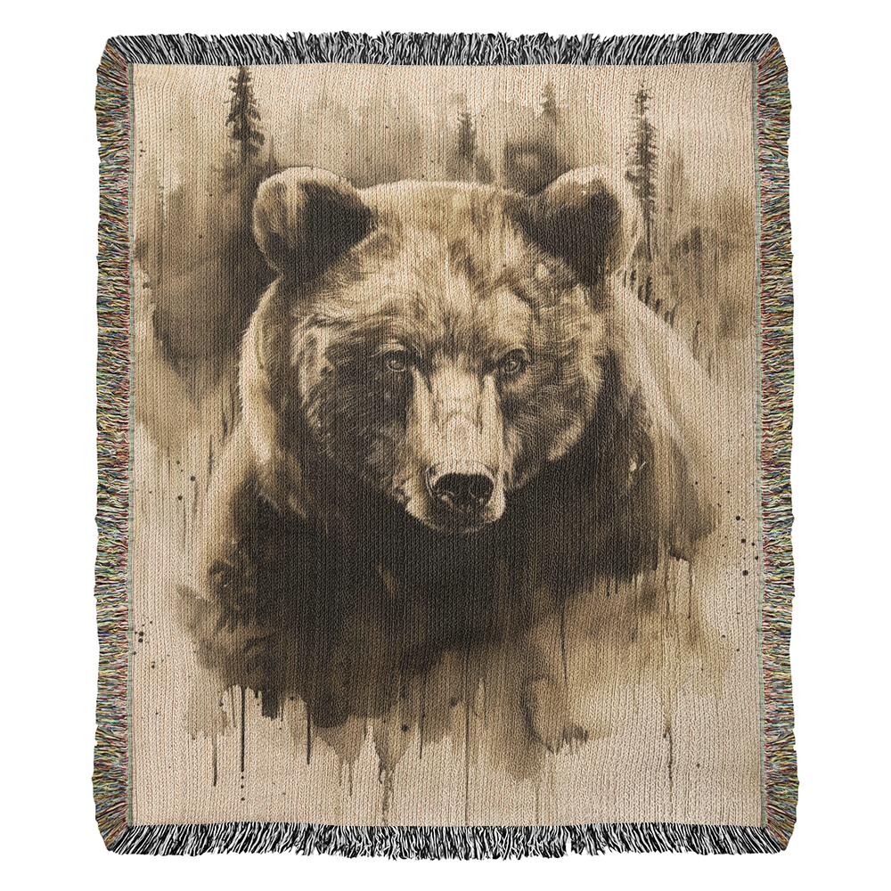 Forest Watcher Woven Blanket – Watercolor Bear in Woodland Mist