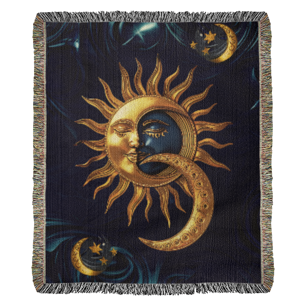 Embossed Sun & Moon Blanket – Celestial Woven Throw | Cosmic Boho Decor by Lace & Grit