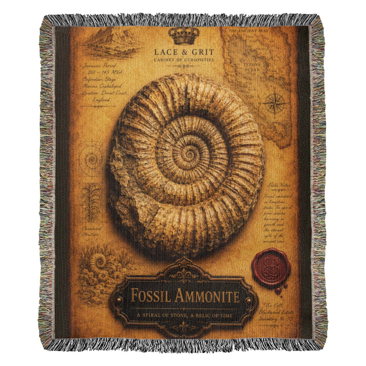 Fossil Ammonite  Woven Throw Blanket | Cabinet of Curiosities Decor | Cotton Tapestry | Archaeology History Gift
