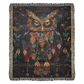 Boho Owl Woven Blanket – Beaded Look Design with Celestial Forest Accents