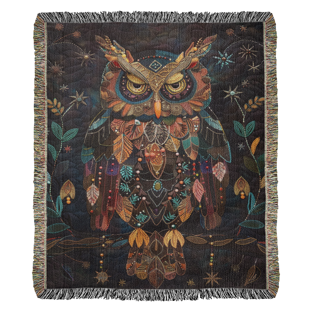 Boho Owl Woven Blanket – Beaded Look Design with Celestial Forest Accents