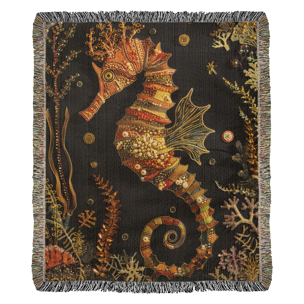 Beaded Look Seahorse Blanket – Woven Ocean-Inspired Throw | Golden Coral Art by Lace & Grit