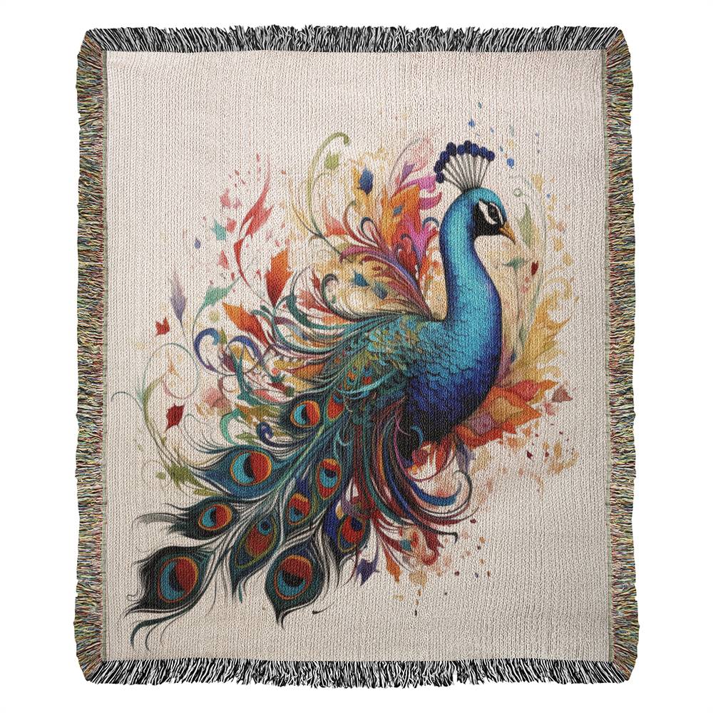 Plumefire Woven Blanket – Watercolor Peacock in Full Display