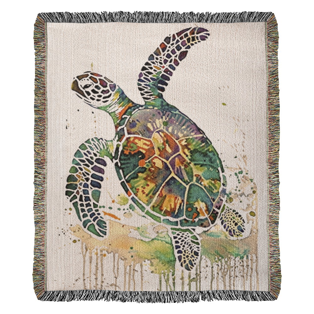 Coralwake Woven Blanket – Watercolor Sea Turtle in Motion