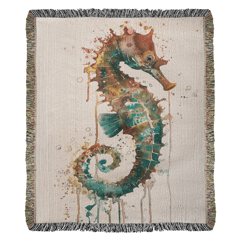 Cindertide Woven Blanket – Watercolor Seahorse with Drip Effect