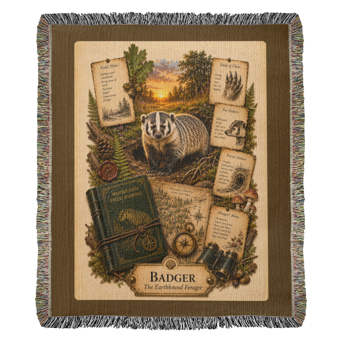 Badger Woven Throw Blanket | Woodland Animal Decor | Cotton Tapestry Throw | Naturalist Journal Gift