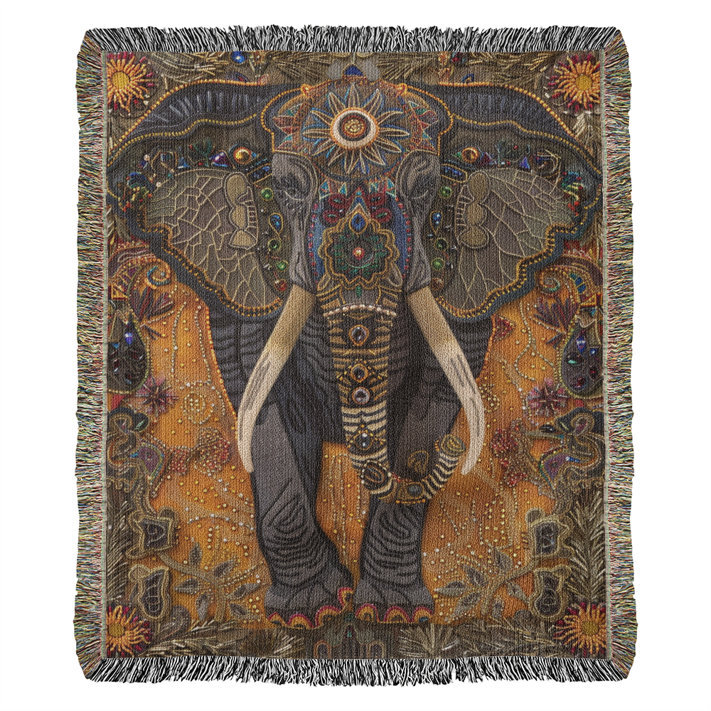 Boho Elephant Woven Blanket – Beaded-Inspired Tapestry with Tribal Floral Accents