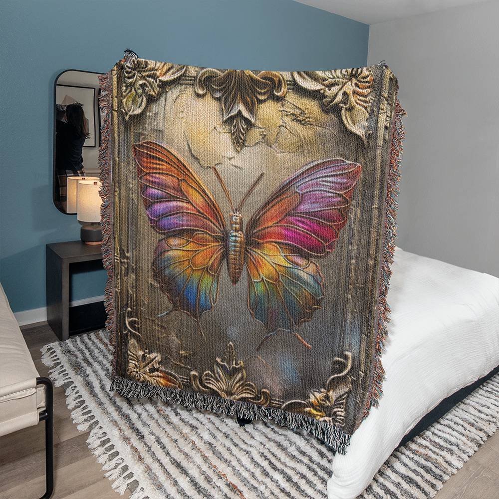 Embossed Butterfly Blanket – Iridescent Woven Throw | Symbolic Boho Decor by Lace & Grit