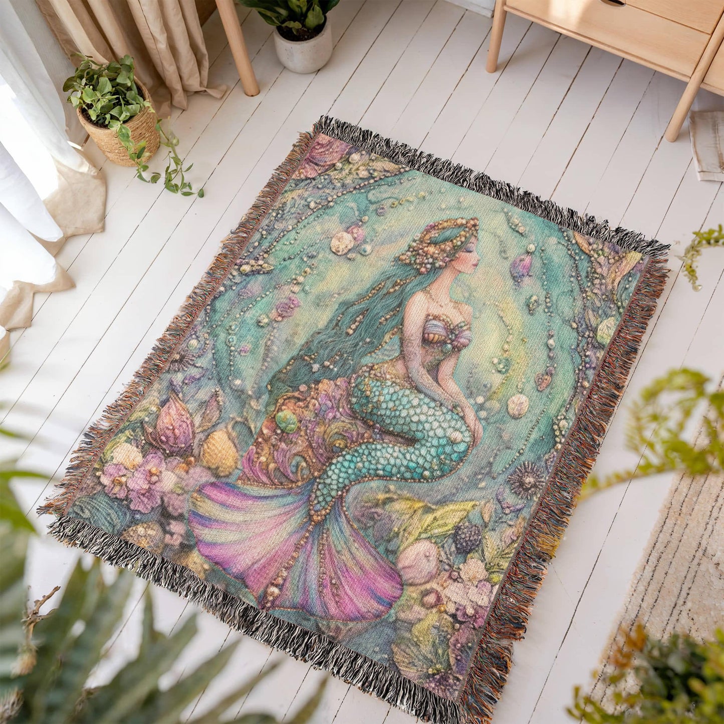 Beaded Look Mermaid Blanket – Woven Ocean-Inspired Throw | Fantasy Mermaid Decor by Lace & Grit