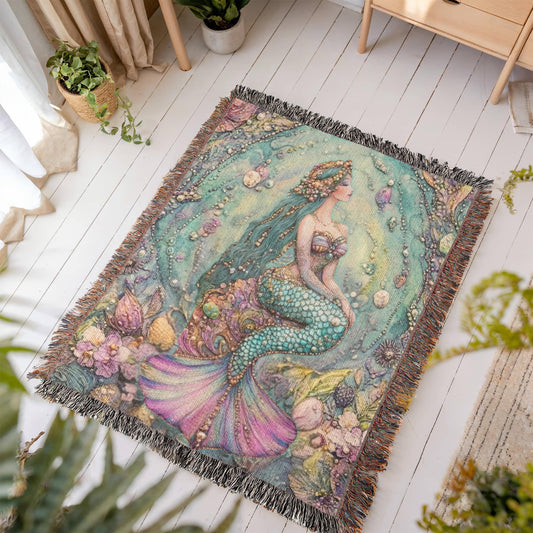 Beaded Look Mermaid Blanket – Woven Ocean-Inspired Throw | Fantasy Mermaid Decor by Lace & Grit