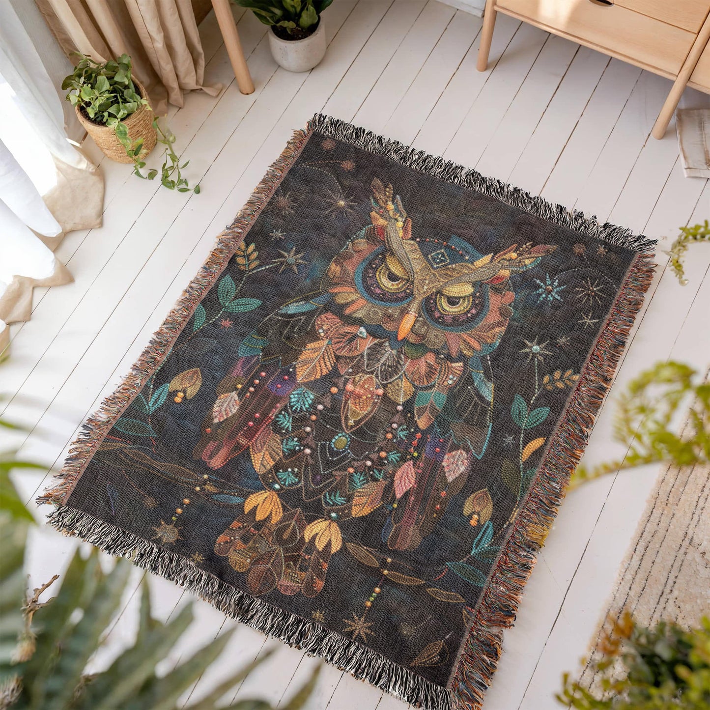 Boho Owl Woven Blanket – Beaded Look Design with Celestial Forest Accents