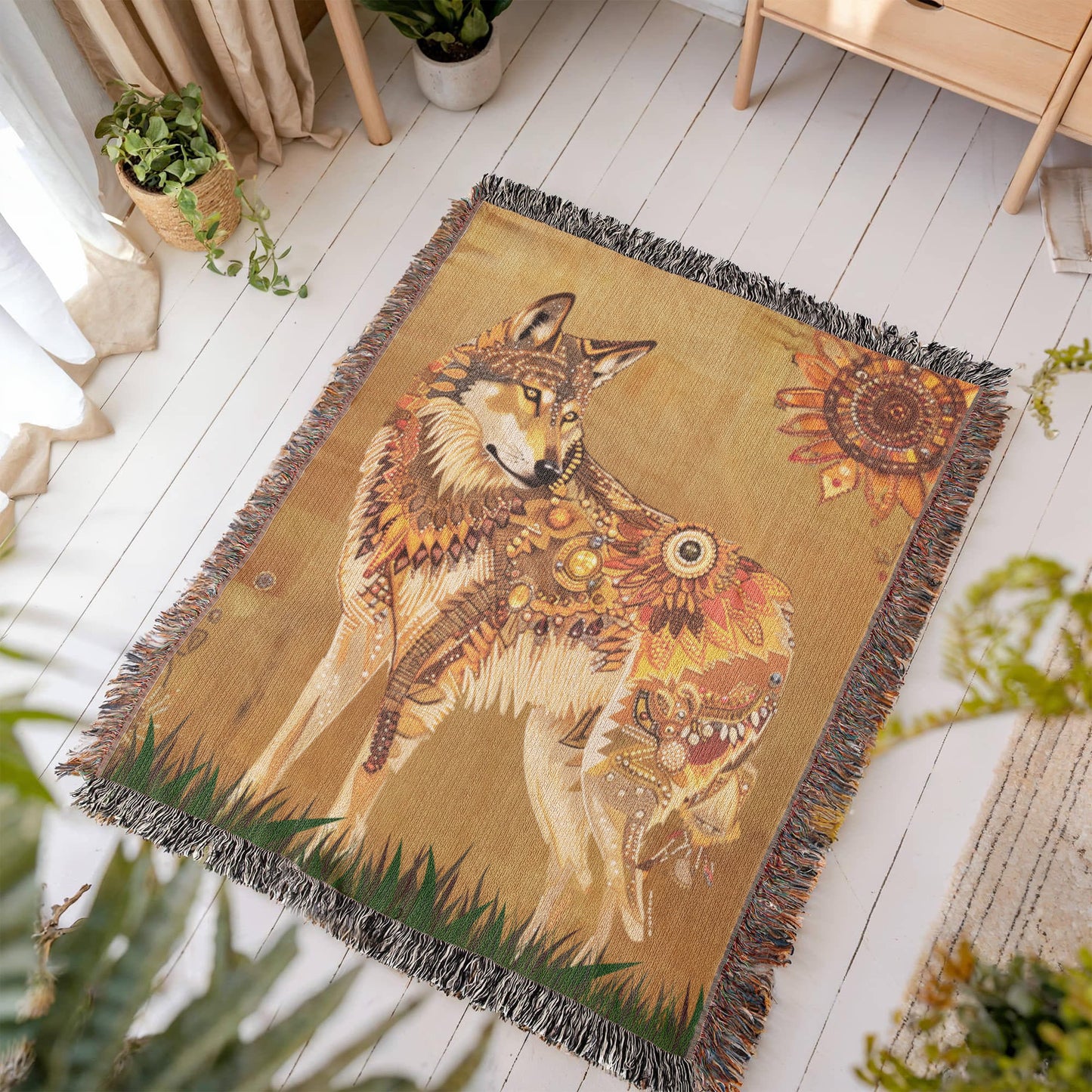 Beaded Look Spirit Wolf - Woven Throw Blanket