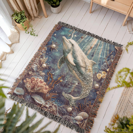 Beaded Look Dolphin Blanket – Ocean-Inspired Woven Throw | Underwater Boho Decor by Lace & Grit