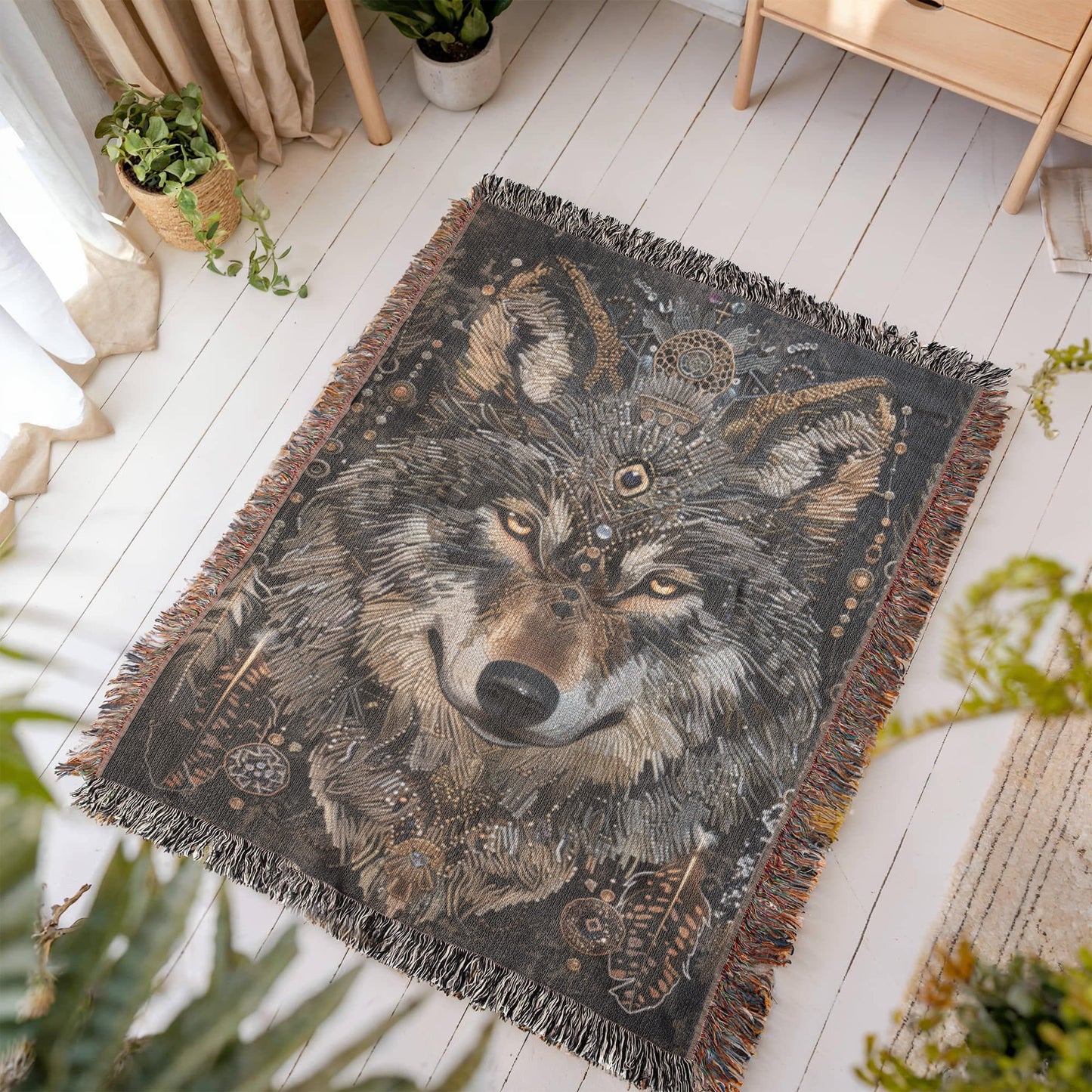 Boho Tribal Wolf Woven Blanket – Tribal Head Design in Earthy Tones | Mystical Boho Lodge Decor
