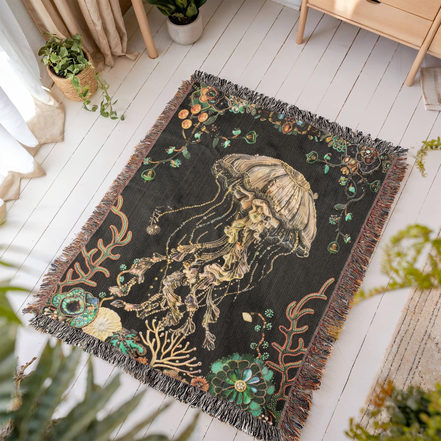 Beaded Look Jellyfish Blanket – Ocean-Inspired Woven Throw | Undersea Boho Decor by Lace & Grit