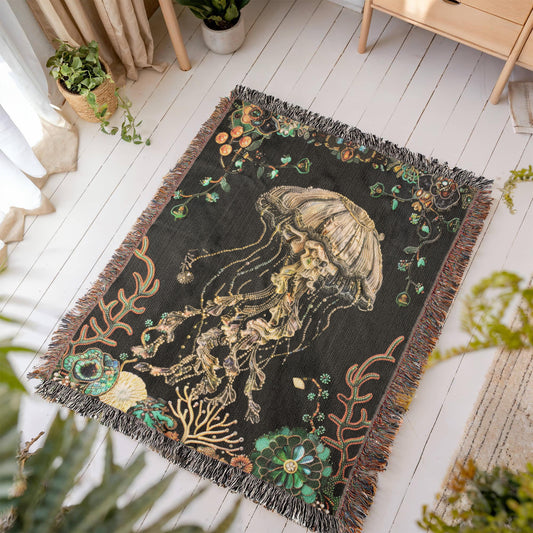 Beaded Look Jellyfish Blanket – Ocean-Inspired Woven Throw | Undersea Boho Decor by Lace & Grit