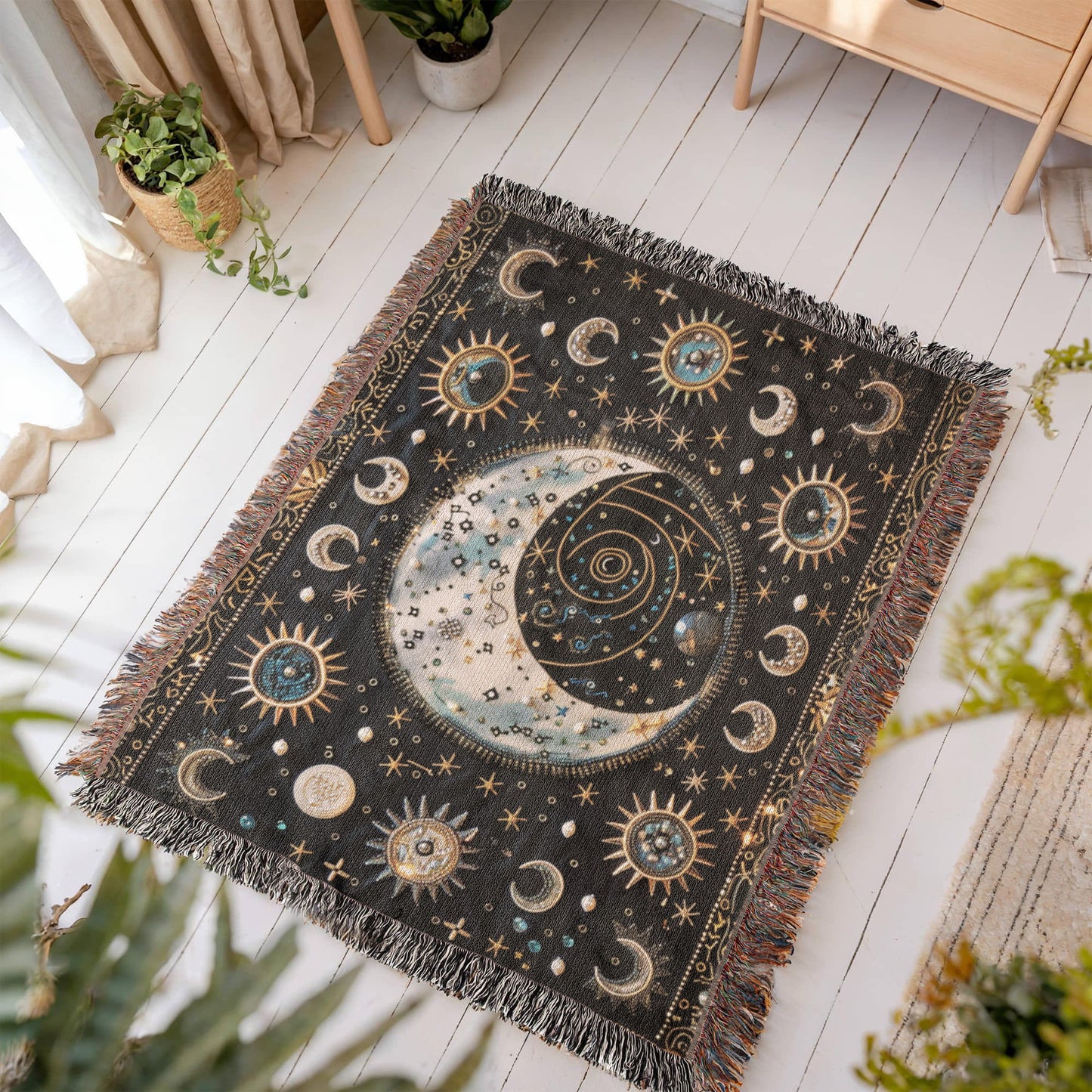 Beaded Look Moon & Stars Blanket – Celestial Woven Throw | Cosmic Boho Decor by Lace & Grit