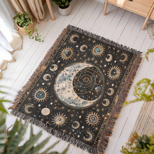 Beaded Look Moon & Stars Blanket – Celestial Woven Throw | Cosmic Boho Decor by Lace & Grit
