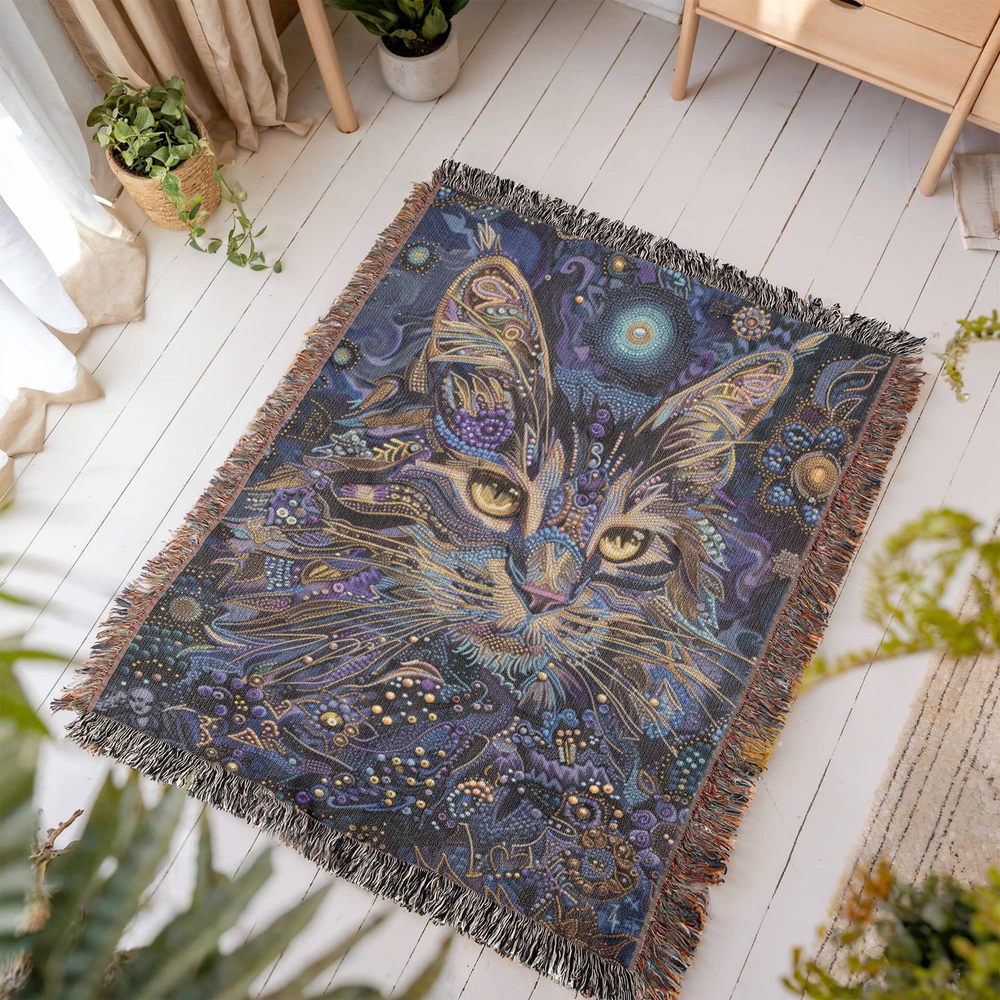 Celestial Cat Blanket – Mystical Beaded Design in Deep Indigo & Gold | Boho Spirit Animal Throw