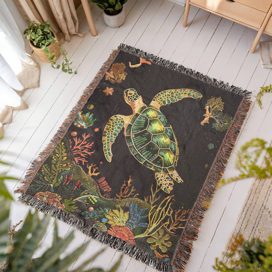 Beaded Look Sea Turtle Blanket – Ocean-Inspired Woven Throw | Coastal Boho Decor by Lace & Grit