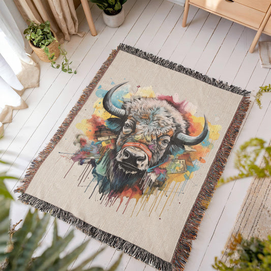 Headstrong Woven Blanket – Watercolor Bull Portrait